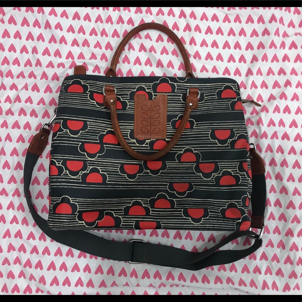 Orla Kiely Black Tote with Red Graphic Print and Brown Trim